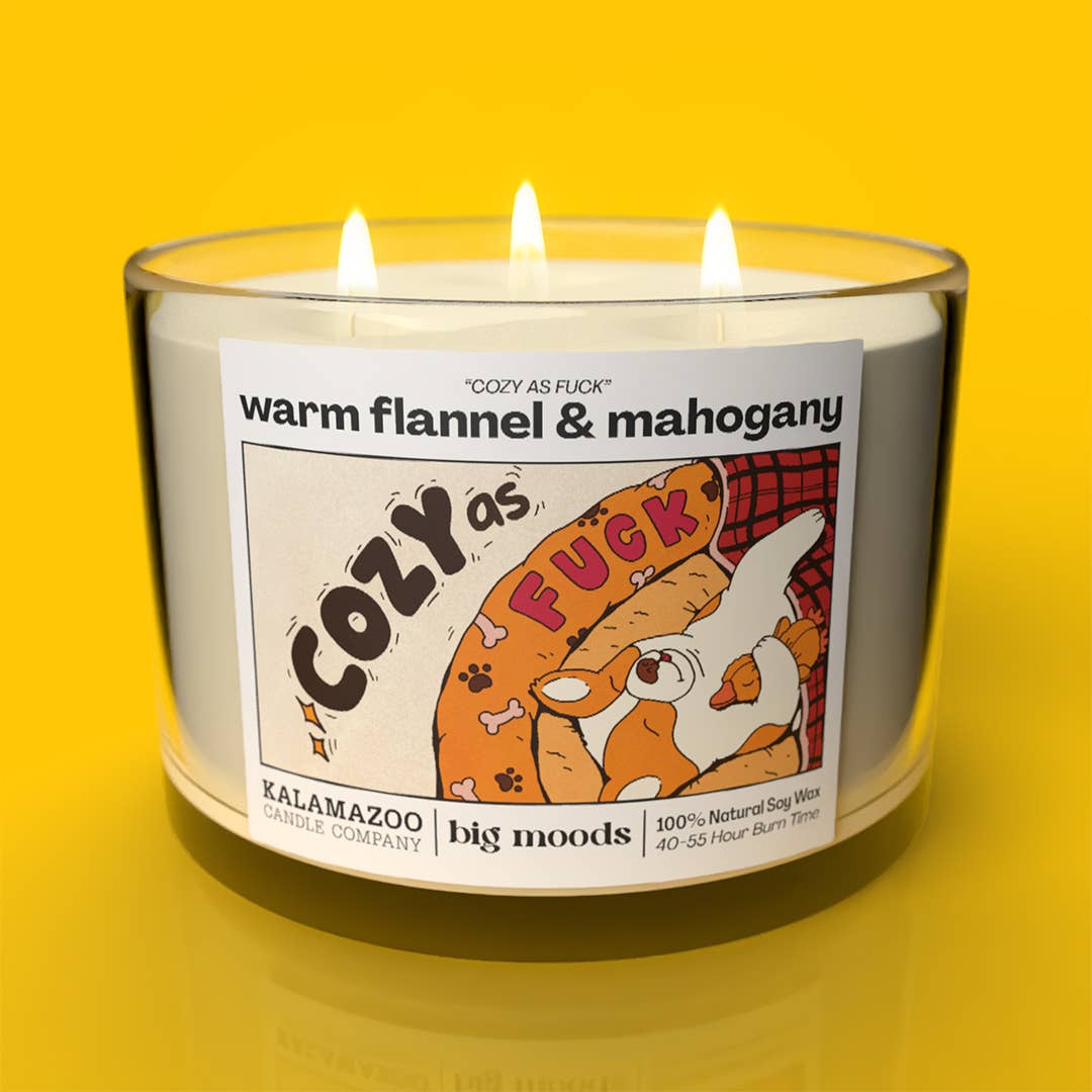 "Cozy as Fuck" 3-Wick Soy Candle - Flannel & Mahogany - 14oz