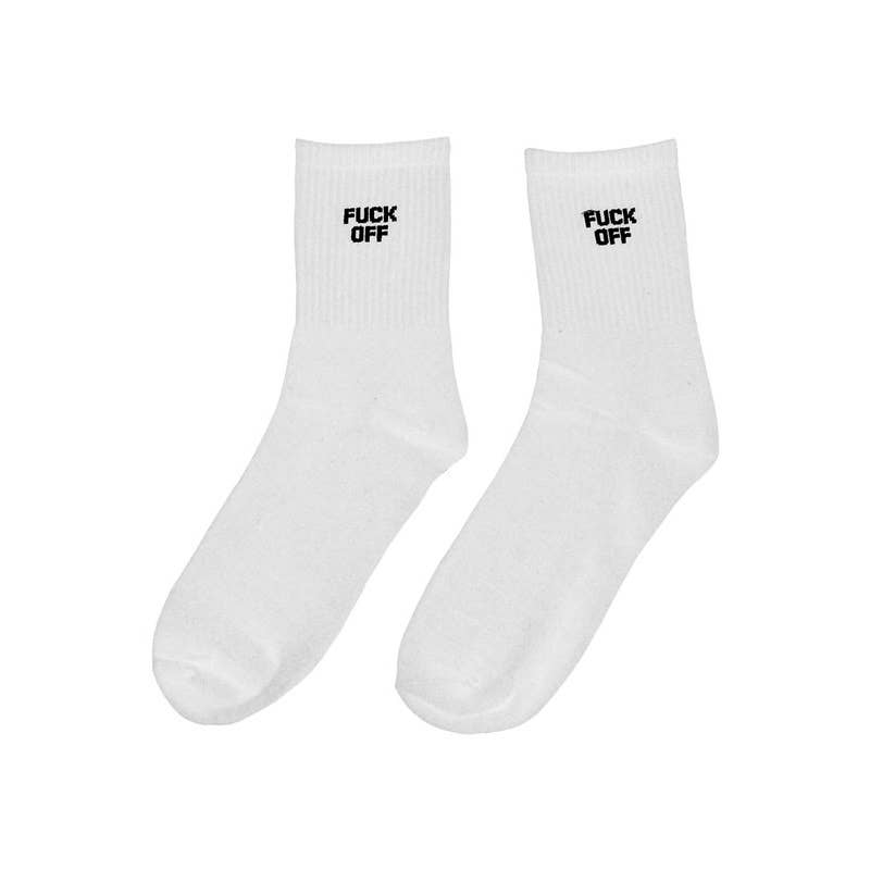 FUCK OFF SOCKSRibbed crew socks with the words "FUCK OFF". Made of 90% cotton and 10% spandex.Ribbed crew socks with the words "FUCK OFF". Made of 90% cotton and 10% spandex.The Frigid CollectiveThe Frigid CollectiveFUCK