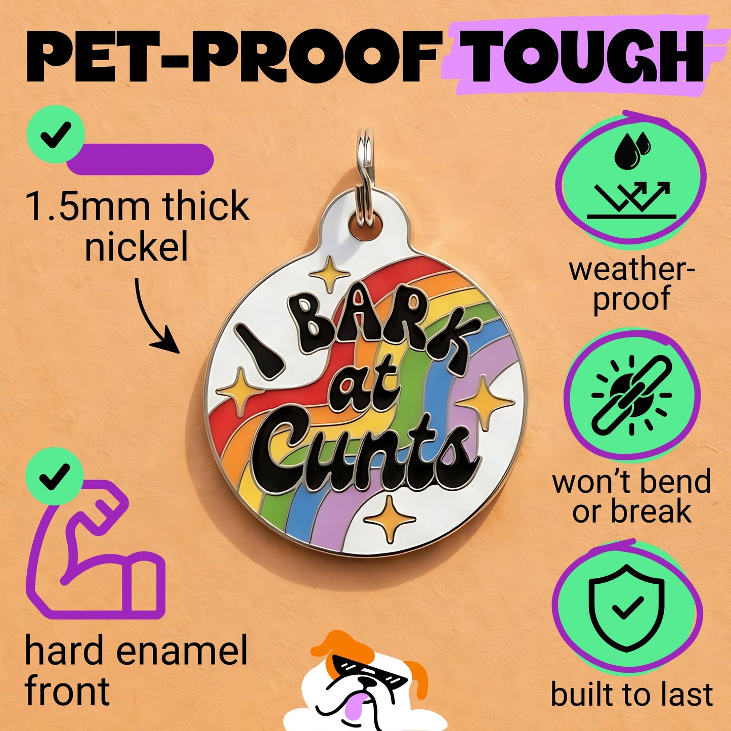Funny Dog Charm & Pet ID Tag - I Bark at Cunts *Rainbow