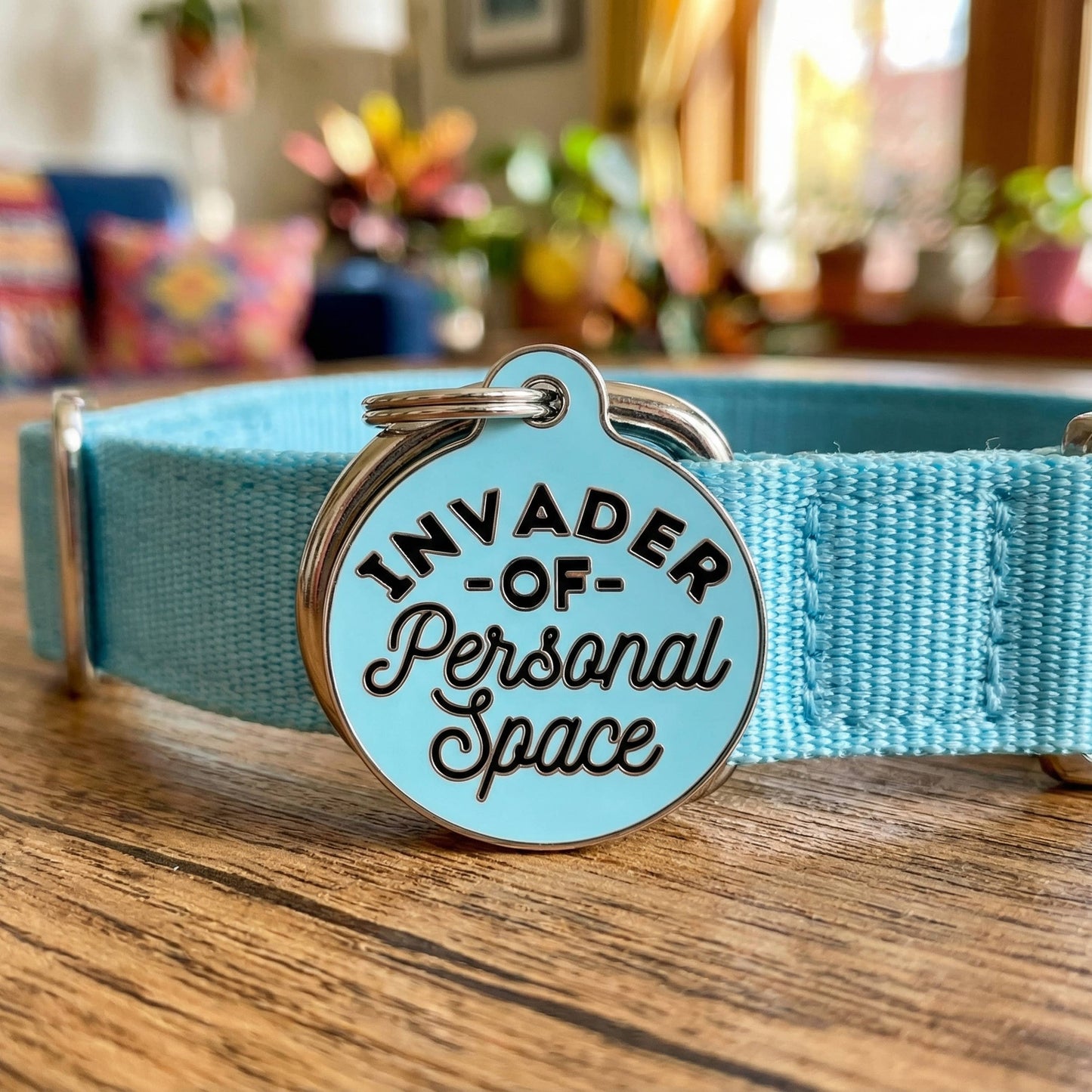 Funny Dog Charm & Pet ID Tag - Invader Personal Space *Blue